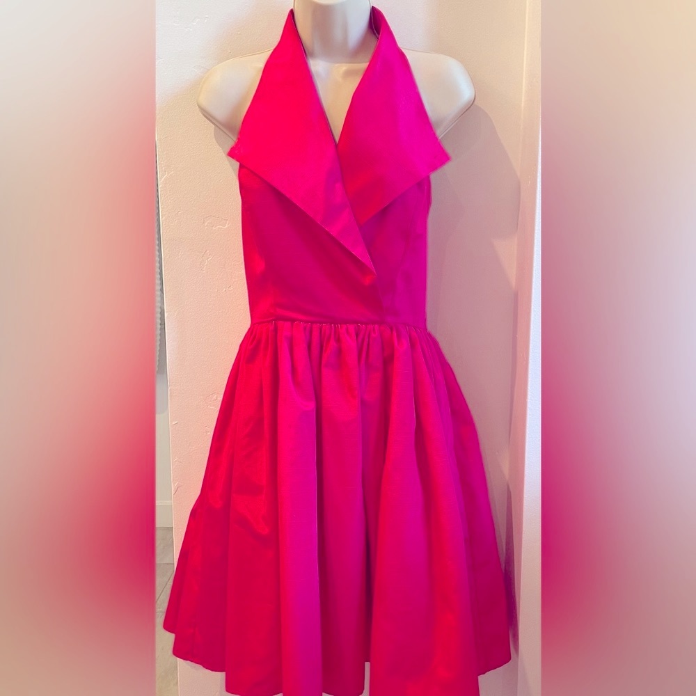 Backless Halter Fit & Flare Dress in Fuchsia